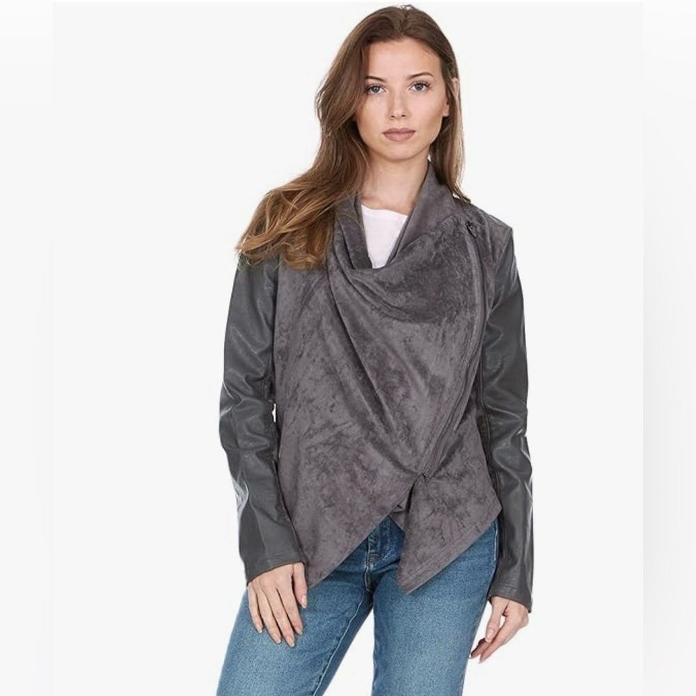 Silent New York Drape Front Faux Leather Jacket Size Large NWT